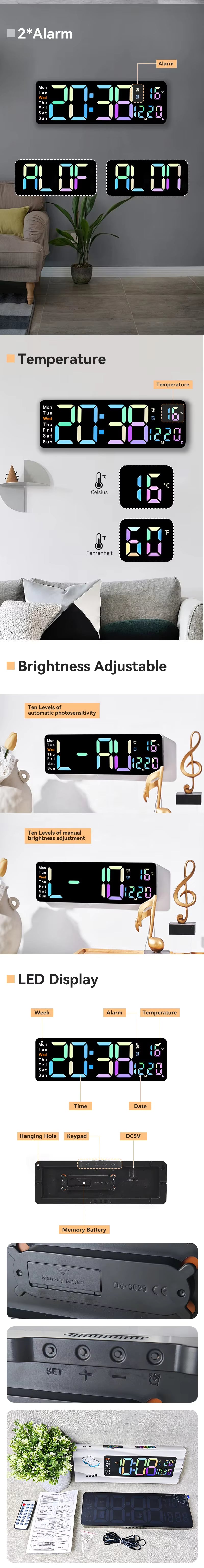 Electronic Rgb Night Light Big Alarm Large Screen Display Outdoor Home Decor Watch Temperature Led Smart Digit Wall Clock