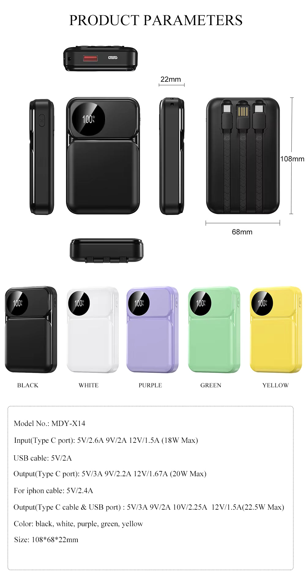 10000mah-20000mah Fast Mobile Charger Power Banks 22.5W Portable Type C Display