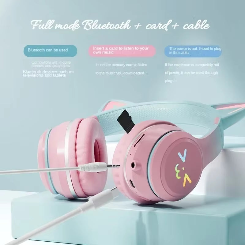 Wireless Headphones RGB Cute Cat Ear Cute Girls Kids Gifts Gaming Headset With Microphone Stereo Music Game Earphone