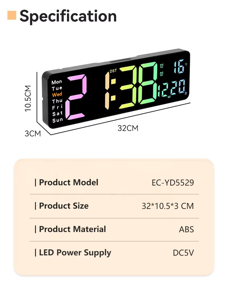 Electronic Rgb Night Light Big Alarm Large Screen Display Outdoor Home Decor Watch Temperature Led Smart Digit Wall Clock