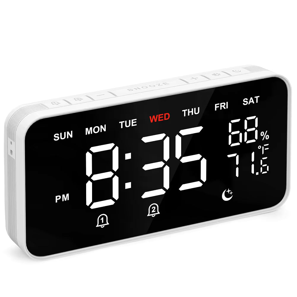 Digital Alarm Clocks for Bedrooms Heavy Sleepers, Temperature & Humidity Detect, Dual Alarms Weekday/Weekend Mode Large Display