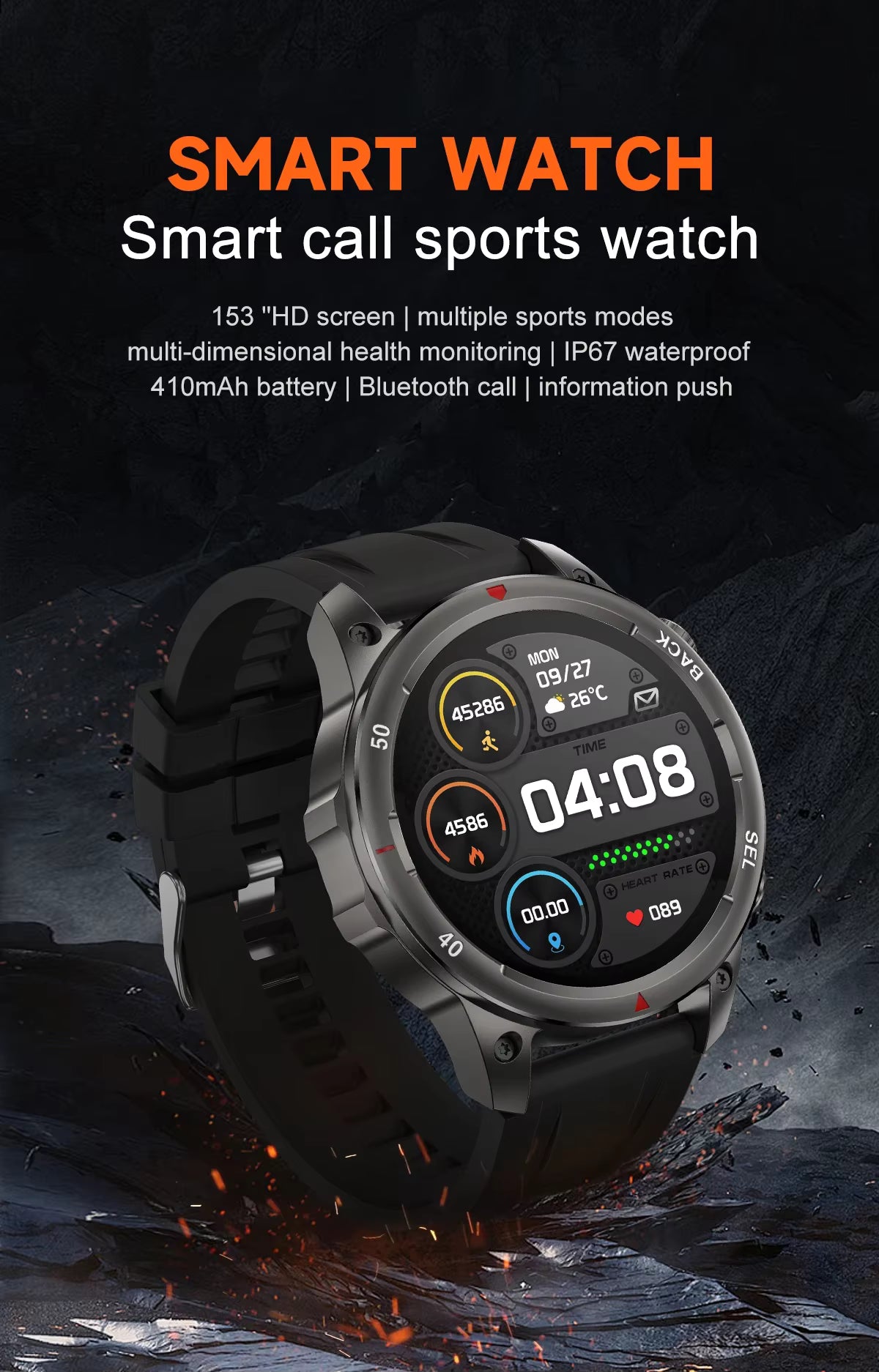 DK68 Smart Watch Men Women LED Strong Light IP67 Waterproof NFC Heart Rate