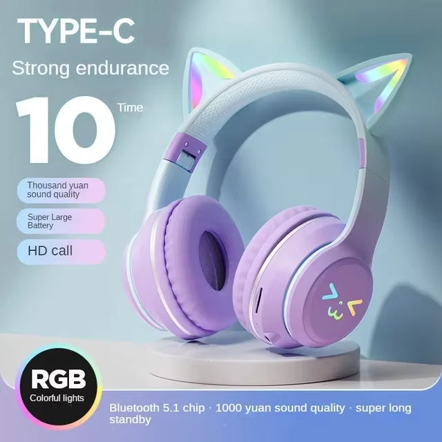 Wireless Headphones RGB Cute Cat Ear Cute Girls Kids Gifts Gaming Headset With Microphone Stereo Music Game Earphone