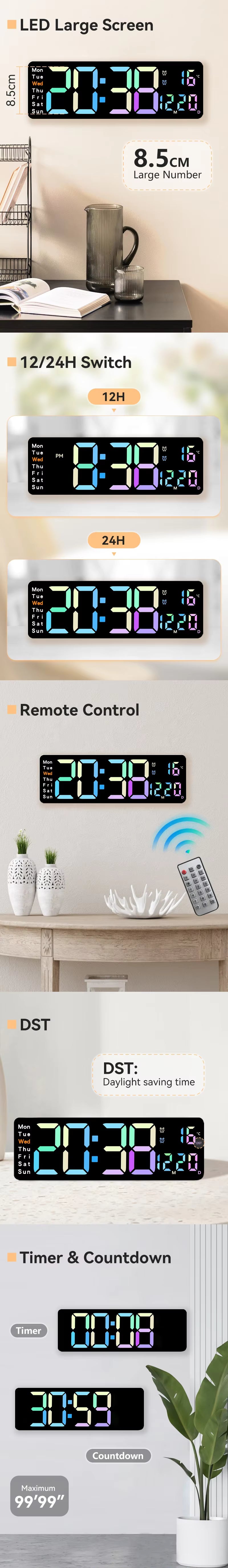 Electronic Rgb Night Light Big Alarm Large Screen Display Outdoor Home Decor Watch Temperature Led Smart Digit Wall Clock