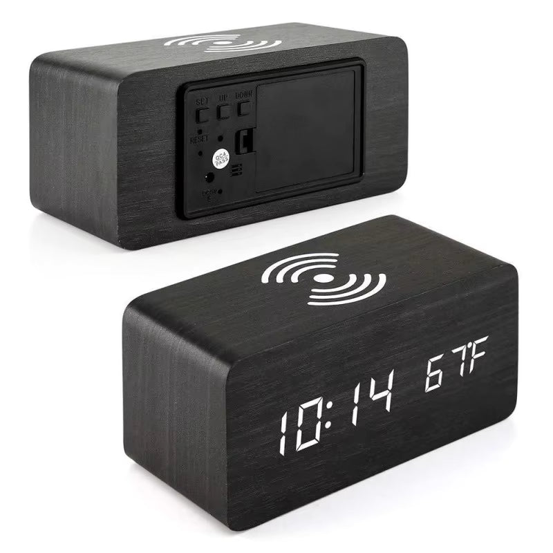 Multifunctional Digital LED Alarm Clock with Temperature Display Wireless Charging 15W Output Power Wooden Bed Bedside Clock