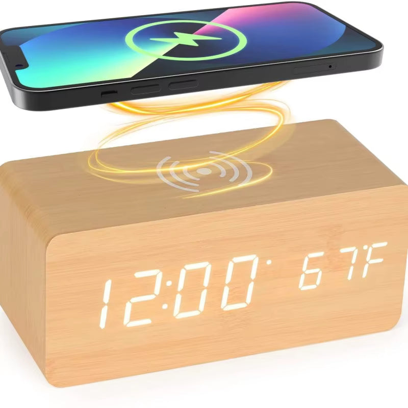 Multifunctional Digital LED Alarm Clock with Temperature Display Wireless Charging 15W Output Power Wooden Bed Bedside Clock