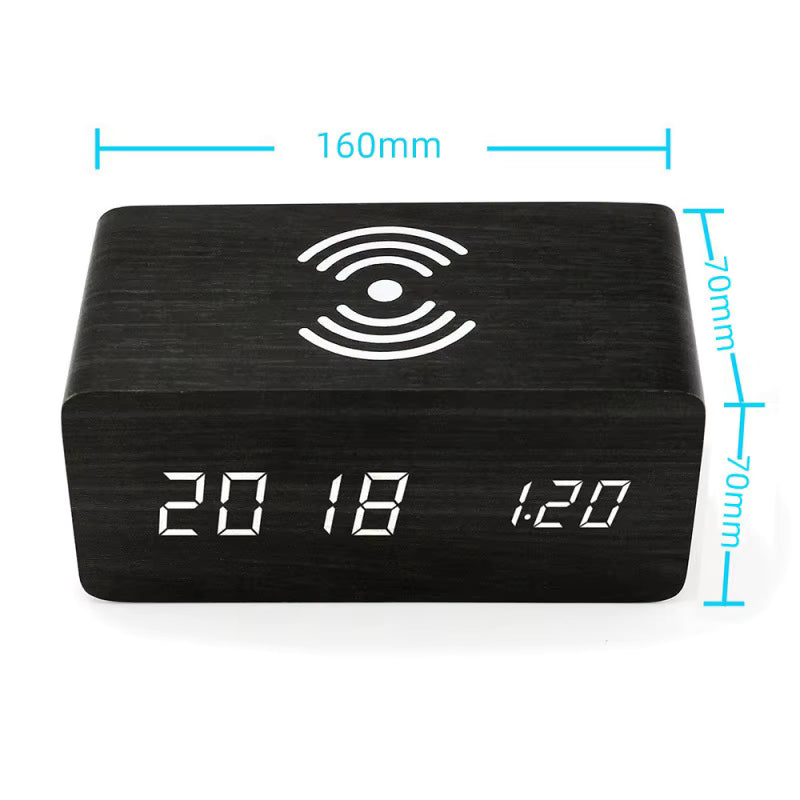 Multifunctional Digital LED Alarm Clock with Temperature Display Wireless Charging 15W Output Power Wooden Bed Bedside Clock