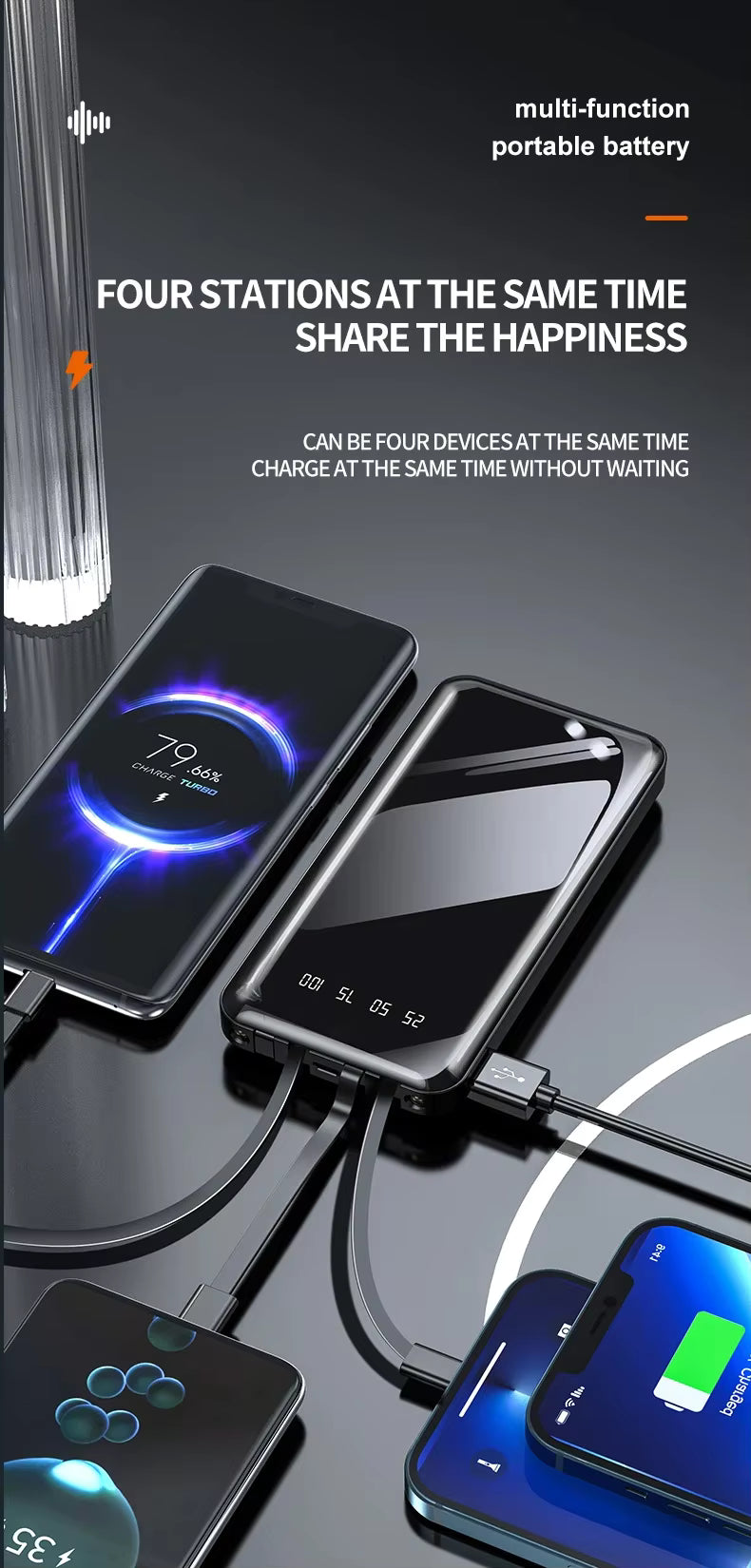Portable Power Bank Fast Charging with Smart Phone Stand and Built-in Cables New Product