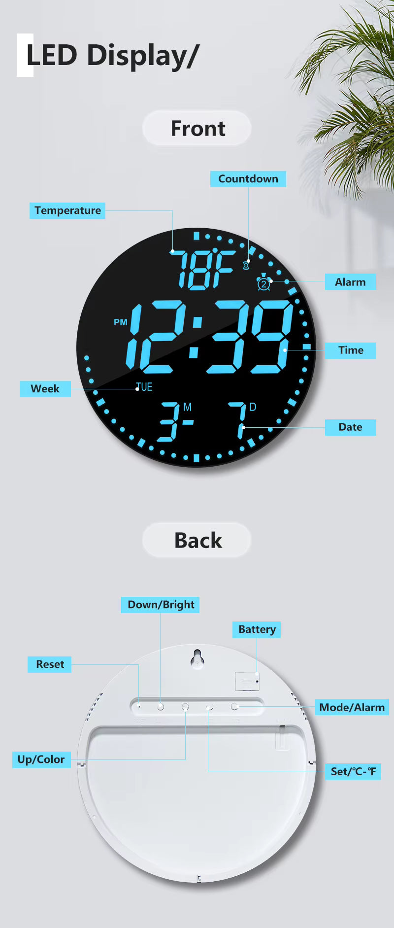 Bedroom Led Digital Clock Wall Mounted Round Electronic Wall Clock Led Wall Clock Digital with Large Display Big