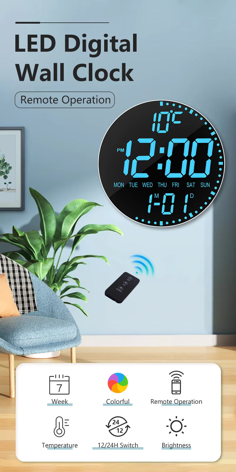 Bedroom Led Digital Clock Wall Mounted Round Electronic Wall Clock Led Wall Clock Digital with Large Display Big