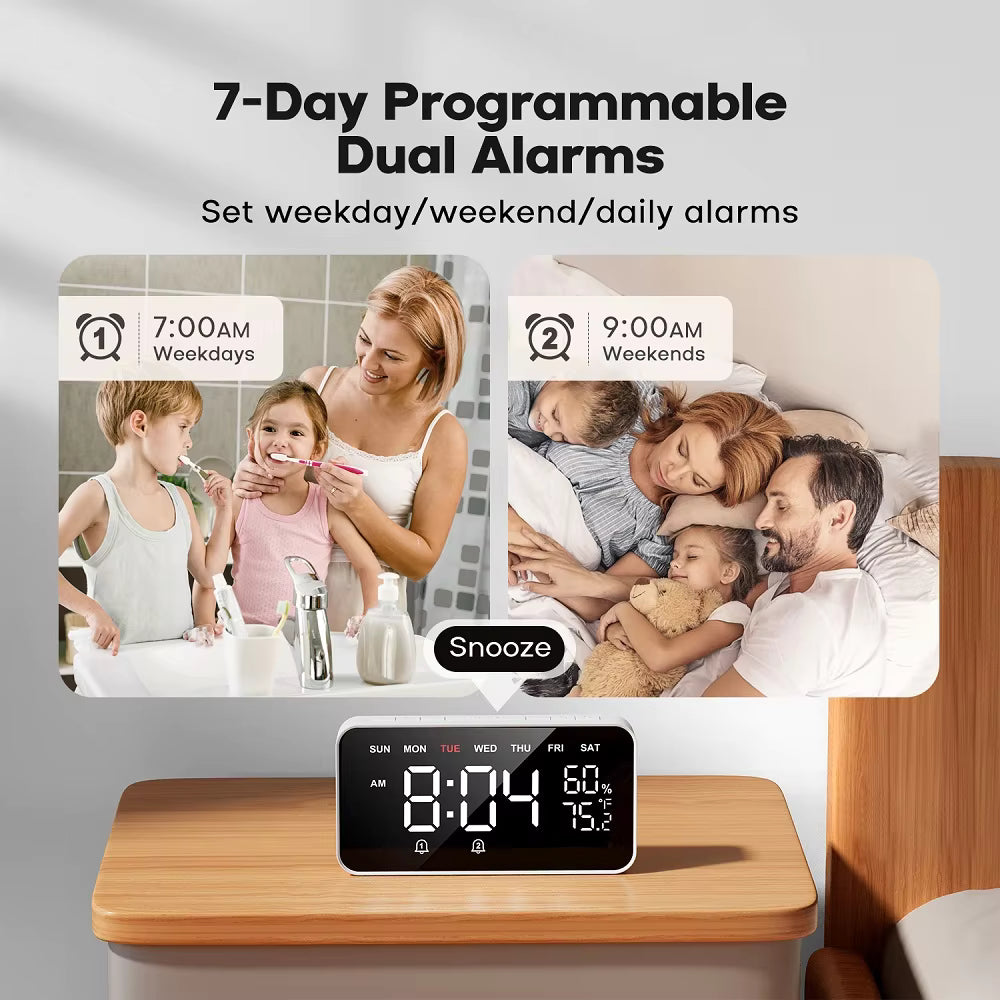 Digital Alarm Clocks for Bedrooms Heavy Sleepers, Temperature & Humidity Detect, Dual Alarms Weekday/Weekend Mode Large Display