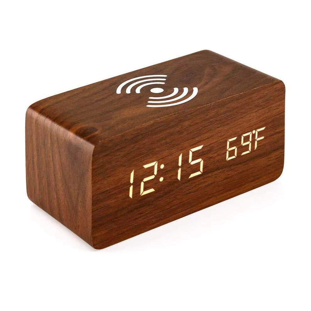 Multifunctional Digital LED Alarm Clock with Temperature Display Wireless Charging 15W Output Power Wooden Bed Bedside Clock