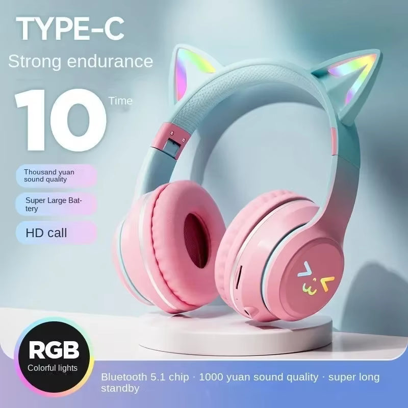 Wireless Headphones RGB Cute Cat Ear Cute Girls Kids Gifts Gaming Headset With Microphone Stereo Music Game Earphone