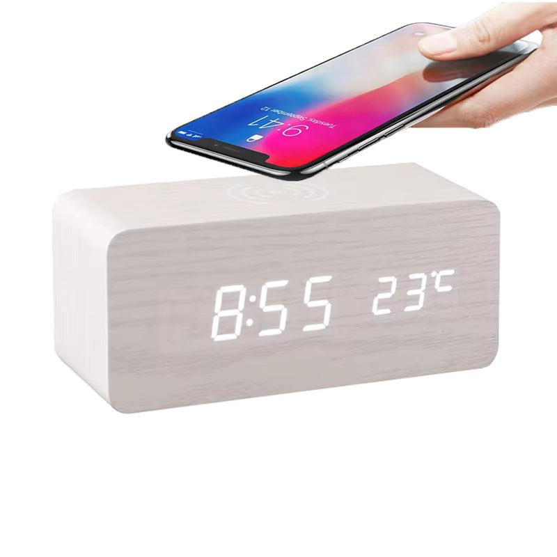 Multifunctional Digital LED Alarm Clock with Temperature Display Wireless Charging 15W Output Power Wooden Bed Bedside Clock