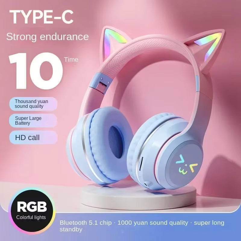 Wireless Headphones RGB Cute Cat Ear Cute Girls Kids Gifts Gaming Headset With Microphone Stereo Music Game Earphone