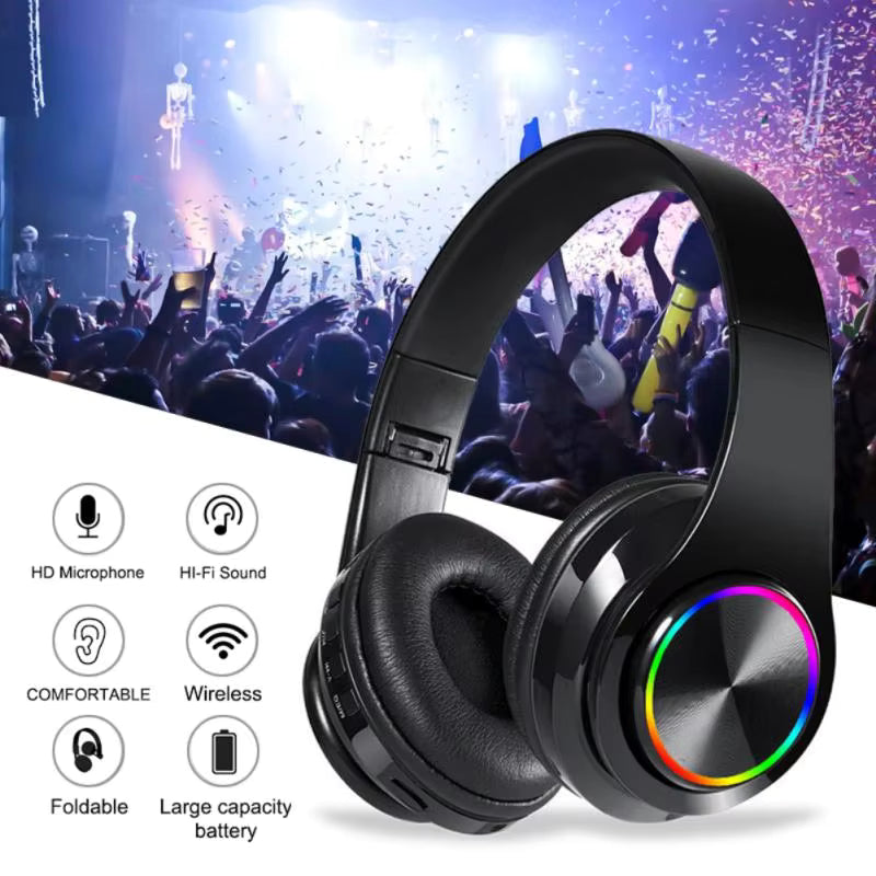 B39 Portable Wireless Headphones with HD Microphone & LED Lights Foldable Gaming Headset with TF Card Music Support for Sports