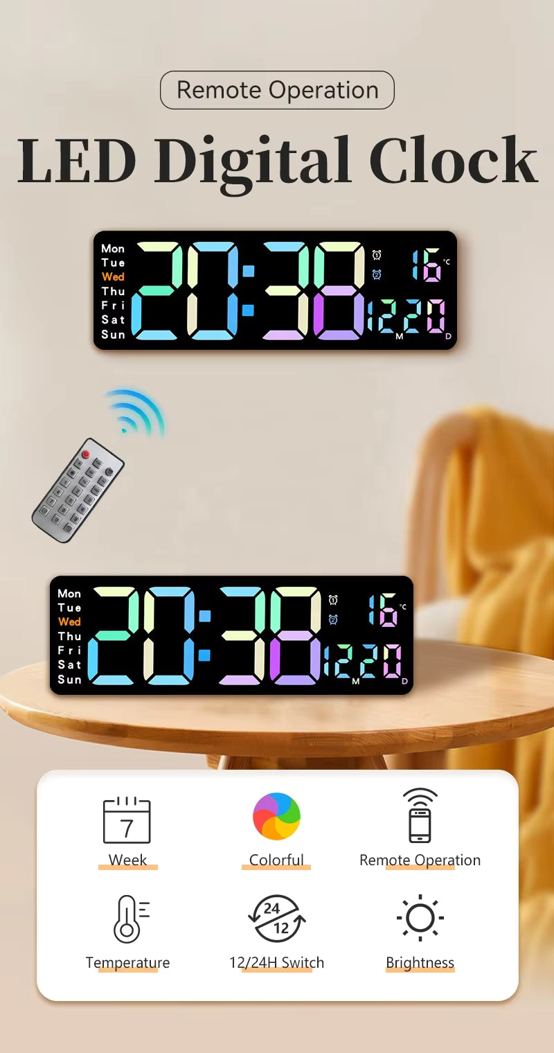 Electronic Rgb Night Light Big Alarm Large Screen Display Outdoor Home Decor Watch Temperature Led Smart Digit Wall Clock