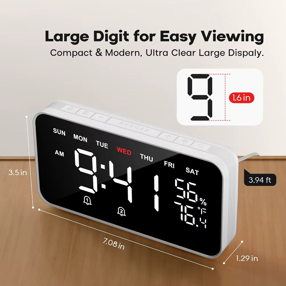Digital Alarm Clocks for Bedrooms Heavy Sleepers, Temperature & Humidity Detect, Dual Alarms Weekday/Weekend Mode Large Display