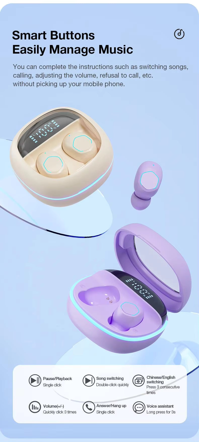 M41  Mini Compact LED Digital Screen TWS Earbuds Fast Bluetooth 5.3 Connection Smart Button Long Battery Life Noise Cancelling