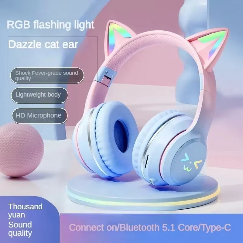 Wireless Headphones RGB Cute Cat Ear Cute Girls Kids Gifts Gaming Headset With Microphone Stereo Music Game Earphone